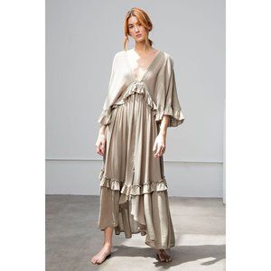 Easel Faded Olive Button Down Wing Sleeve Rayon Gauze Ruffled Edges Maxi Dress